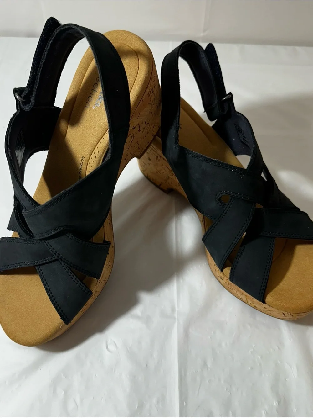 Clarks Black Suede Cork Wedge Sandals Size 11